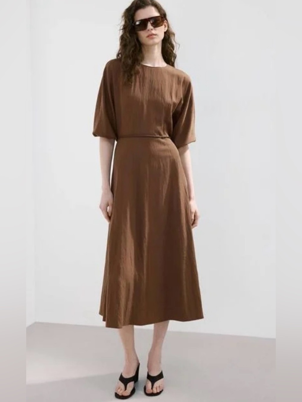 Mango Brown Relaxed-Sleeve Midi Dress Sz.M